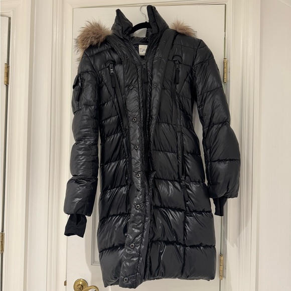 Sam. Infinity Fox Fur-Trim Belted Down Puffer Jacket - Picture 2 of 10